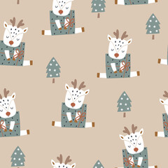 Holiday winter pattern with cartoon festive cartoon deer in gift boxes. Seamless xmas texture.Vector illustration