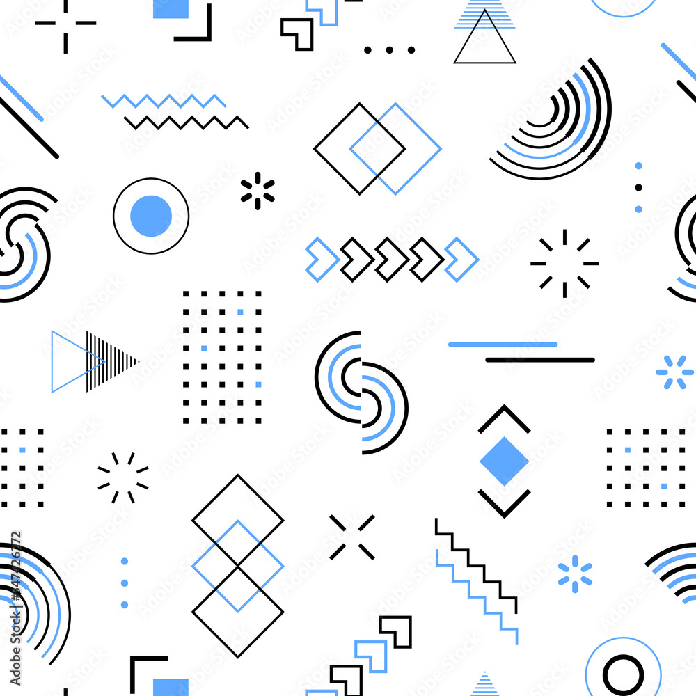 Poster memphis blue seamless pattern. abstract geometric shape printing. repeated graphic element printed. 