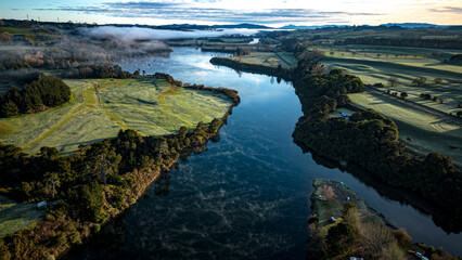 Aerial shot of Little Waipa Reserve River in South Waikato District, New Zealand