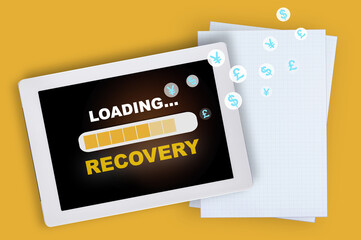 Recovery loading on computer digital tablet with currency symbol and white grid paper on yellow background. Business digital technology and recession depression expansion idea