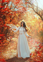 Fantasy woman queen walks in forest holds white bird barn owl, flaps wings on hand. Princess girl. long hair floats in air, fly wind. vintage dress. Autumn nature red trees magical light. Art photo