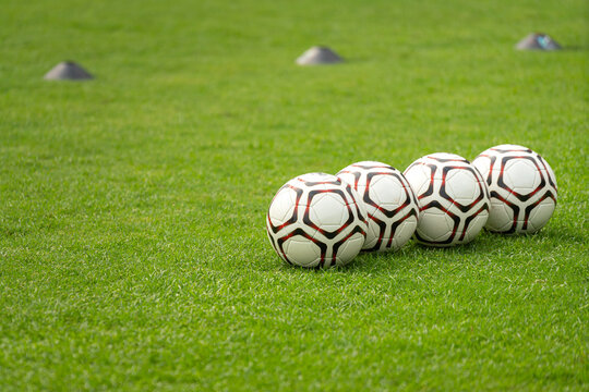 Soccer balls on firm grass ground which are prepared for the training session. Sport equipment object photo, selective focus.