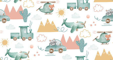 Watercolor cute toy transport pattern for kids or baby. Blue green helicopter plane car and train background with doodle elements - 547429004