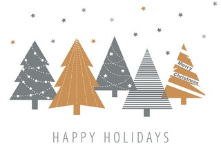 Holiday Card with gray and gold Christmas Trees and stars