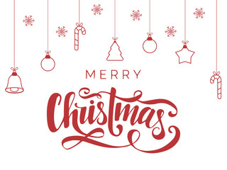 Merry christmas red celebration card with hanging ornaments isolated on white