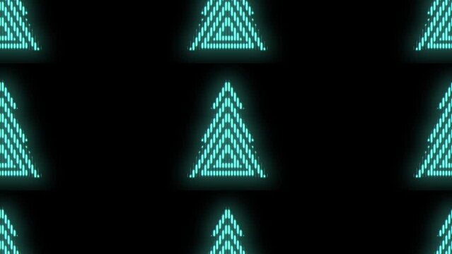 Pulsing neon green Christmas trees pattern in rows, motion abstract disco, party and winter holidays style background