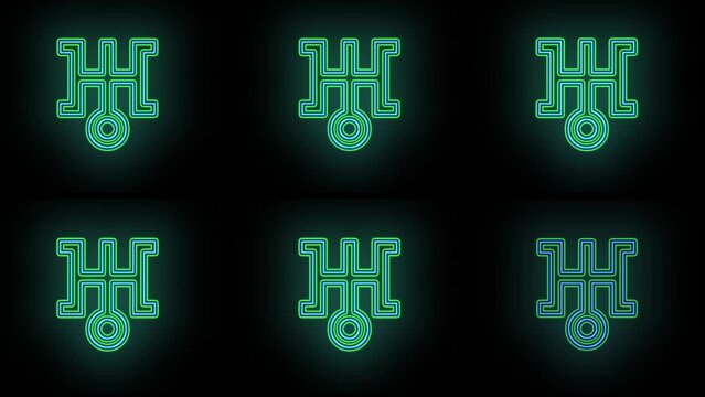 Pulsing neon green Japan symbols pattern in rows, motion abstract disco, club and party style background