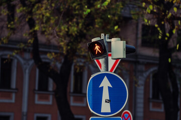 Pedestrian crossing sign on street