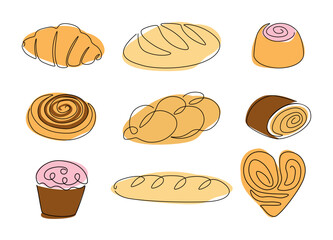 Bakery set. One line food, simple outline bread, muffin loaf and croissant. Wheat ear and loaf. Toast, baguette, bun contour flat icons. Vector isolated on white background illustration