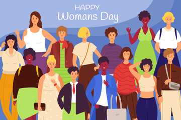 Woman Day. Happy International women holiday. Girl empowerment. March feminism event. Smiling faces. Feminist sisterhood power. Female group portrait. Vector nowaday pattern background