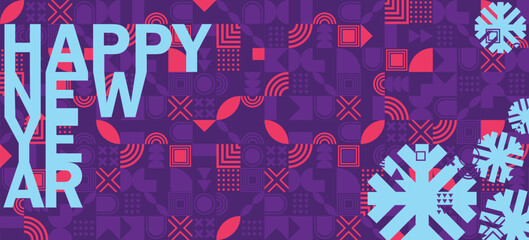Merry Christmas and Happy New Year geometric horizontal banner. bright modern Xmas concept design with snowflake. Simple poster, greeting card, sale banner for website 2023
