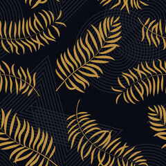 Abstract tropical plants, floral pattern. Modern golden leaf art isolated on black background, botanical leaves print design, minimal trendy beauty texture. Vector seamless current backdrop