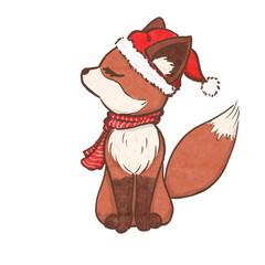 Red fox wear Santa hat and scarf