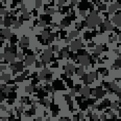 Camouflage pattern background, seamless vector illustration. Classic clothing style masking dark camo, repeat print. Grey and black texture