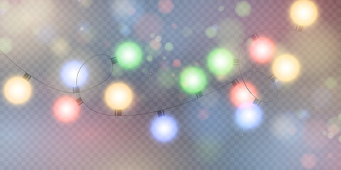 Christmas lights isolated on transparent background. Shining Christmas garlands with sparks. For congratulations, promotional invitations, new year design web banners. 2023