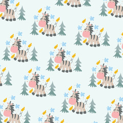 Fototapeta premium Seamless cartoon pattern with cute donkey tree doodle
