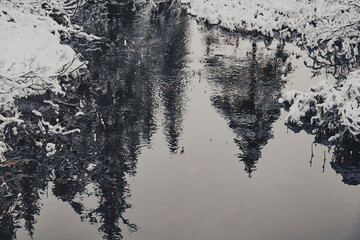 Olterudelva River or Grýta up in the Totenaasen Hills, Norway, in early winter.