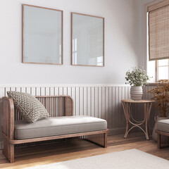 Japandi minimalist living room in white and bleached tones with frame mockup. Sofa, decors, and rattan furniture. Farmhouse interior design