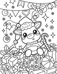Cute Santa's reindeer is sitting on the gifts. Christmas and New Year. Coloring book for children. Black and white vector illustration.