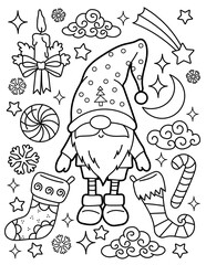 Christmas gnome with decorations. Christmas and New Year. Coloring book for children. Black and white vector illustration.