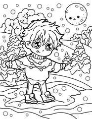 Kawaii boy in a sweater and Christmas lights walks in a snowy yard. Christmas and New Year. Coloring book for children. Black and white vector illustration.