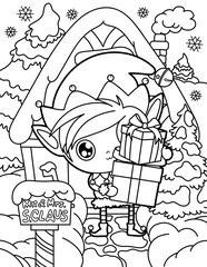 Elf carries gifts near Santa's house. Christmas and New Year. Coloring book for children. Black and white vector illustration.