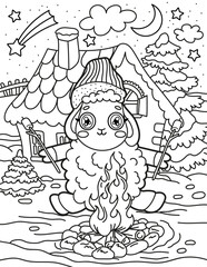 A cute little sheep roasts marshmallows in the winter yard. Christmas and New Year. Coloring book for children. Black and white vector illustration.