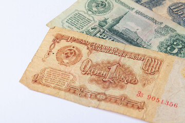 Soviet money. Old banknotes of Russia. Money fund. Payment in rubles.