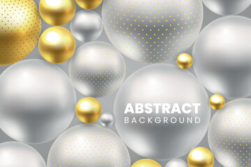 3d golden jewellery balls, white pearls. Abstract spheres and flying bubbles for wallpaper or cover, glitter glossy pattern. Horizontal banner. Geometric backdrop. Vector realistic background