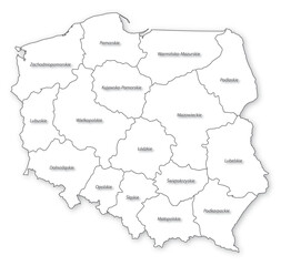 Simple map of Poland with voivodeships names isolated with transparent background. Illustration from vector. - obrazy, fototapety, plakaty