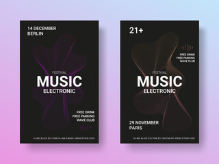 Abstract music posters. Sound waves. Summer house DJ flyers set. Graphic circle waveform. Dance party banner design template. Festival event. Electronic musical show. Vector backgrounds
