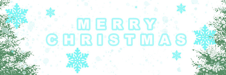 Illustration with Merry Christmas message, drawings of snowflakes and trees.