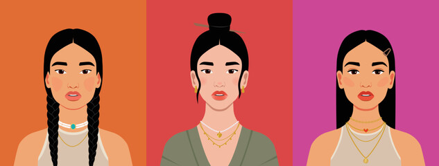 A collection of avatars for social networks. Beautiful women with combination of traditional and modern hairstyles and jewels. Variety of culture and beauty concept.  - 547435674
