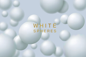3d white spheres, circle balls. Geometric snow light bubbles, molecular winter balloons, balloons in motion. Banner with plastic round elements, abstract background. Vector spheres texture