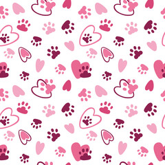 Pet pattern, valentine heart, cat and dog footprint. Cute animal track, kitten foot, walk step, zoo footsteps. Decor textile, wrapping paper, wallpaper design. Vector seamless texture