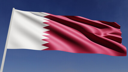 Flag of Qatar is flying in the wind on the blue sky. Realistic 3D rendering.