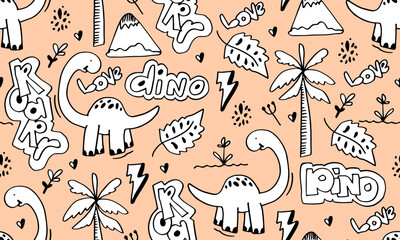 Dino. Seamless pattern. Vector illustration in doodle style. Hand drawn.Hand drawn children's pattern for fashion clothes, shirt, textile.
