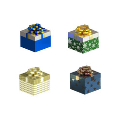 Closed gift new year ukraine box square with a bow. 3D Render. Isolated on white background. 3d perspective. Green blue white gold gift wrapping surprises new year, birthday, Christmas  holiday.
