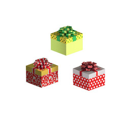 Closed gift new year box square with a bow. 3D Render. Isolated on white background. 3d perspective. Red yellow green gift wrapping surprises for the new year, birthday, Christmas any other holiday.