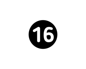 An Illustrated number 16 Flat Black Color Icon Isolated on white Background