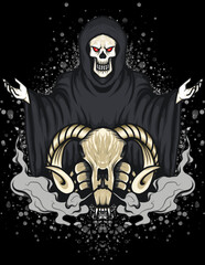 illustration of the angel of death praying and the skeleton of an offering animal~2