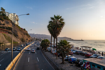 Beautiful tropical landscape contrasted between the traffic of Lima and the beautiful Costa Verde of its coastline.