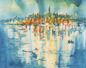 City night lights reflection on water watercolor background