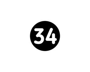 An Illustrated number 34 Flat Black Color Icon Isolated on white Background