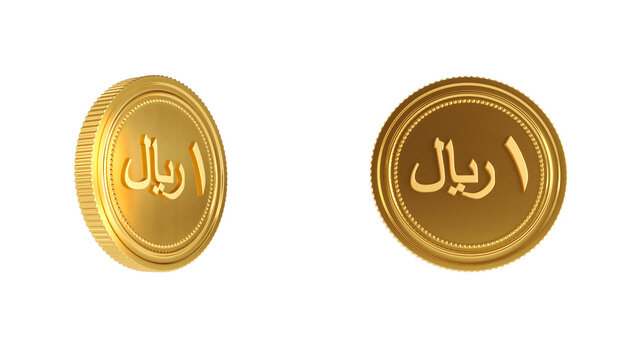 3d render of golden arabic riyal coin isolated on white background, gold one riyal