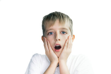 Portrait of a child on white background, surprised expression
