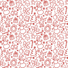 Christmas seamless background with linear christmas doodles