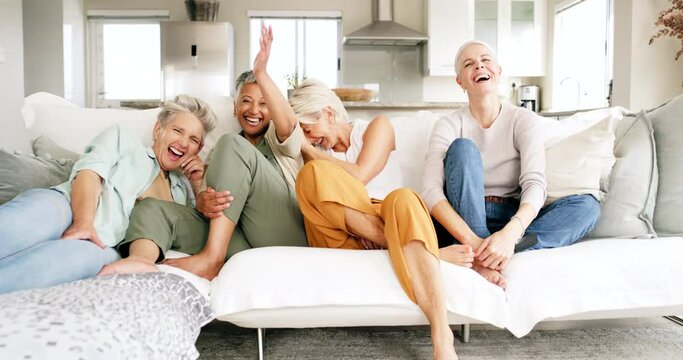 Comic, sofa and senior friends with a movie in the living room for peace, love and bonding together. Happy, smile and elderly women streaming a funny television show, film or video on the couch