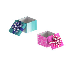 Open gift box square with a bow. 3D Render. Isolated on white background. 3d perspective. Blue gift wrapping surprises for the new year, birthday, Christmas any other holiday.