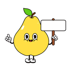 Cute funny pear character with poster. Vector hand drawn cartoon kawaii character illustration icon. Isolated on white background. Pear character concept